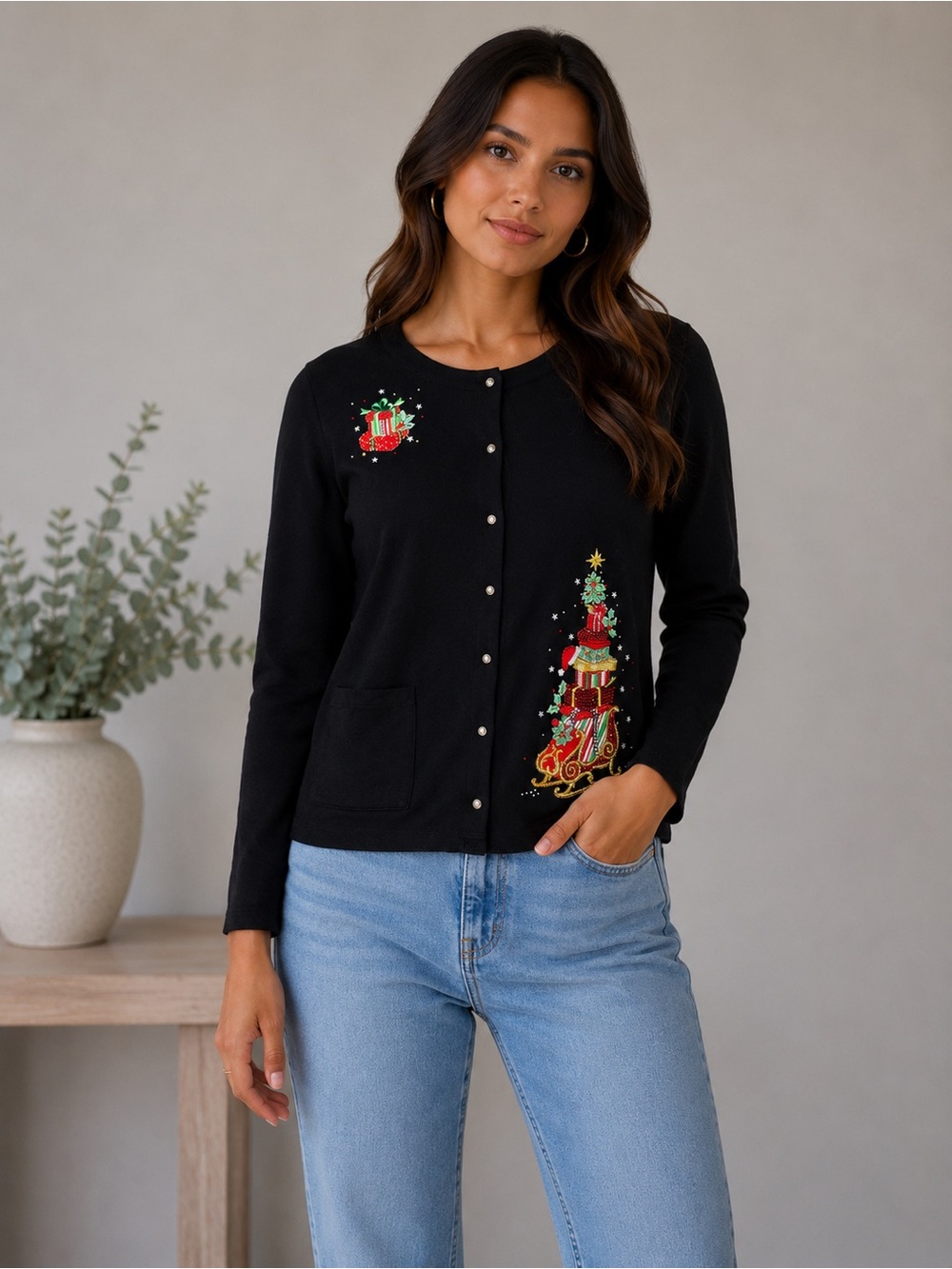 Quacker Factory by Jeanne Bice Black Christmas Cardigan Large Embellished